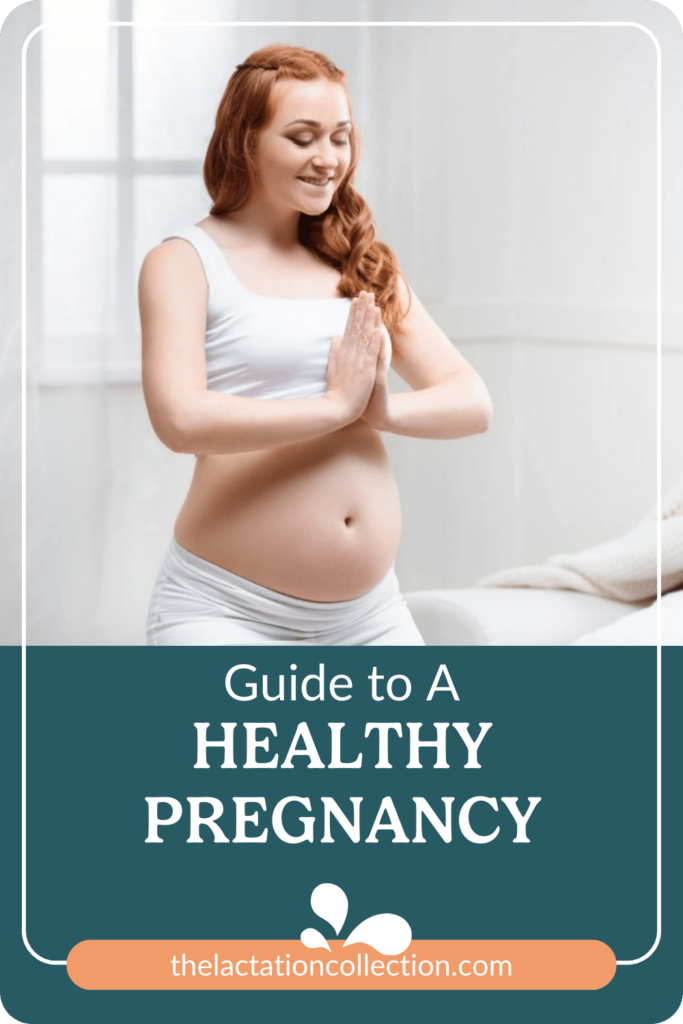 Promotional pin for a healthy pregnancy guide, featuring a smiling pregnant woman in white attire, clasping her hands in a peaceful gesture.