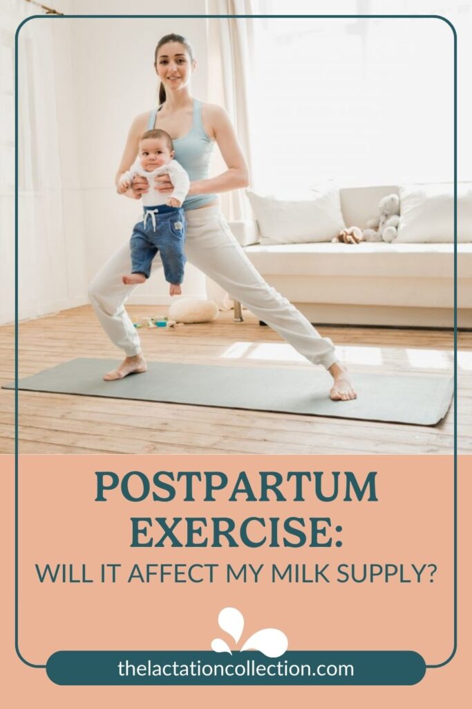 Mom exercising while holding her baby in a neutral color, decorated living space with natural light streaming in through the window.