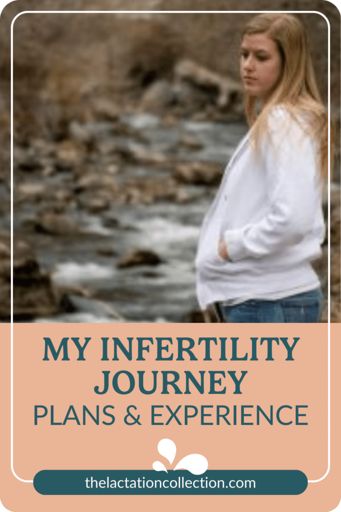 A digital pin for a blog post with a contemplative woman standing by a river, titled 'MY INFERTILITY JOURNEY: Plans & Experience'