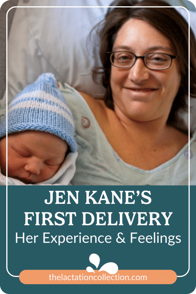 A digital pin featuring a content new mother in a hospital bed with her sleeping newborn, titled 'JEN KANE'S FIRST DELIVERY: Her Experience & Feelings'