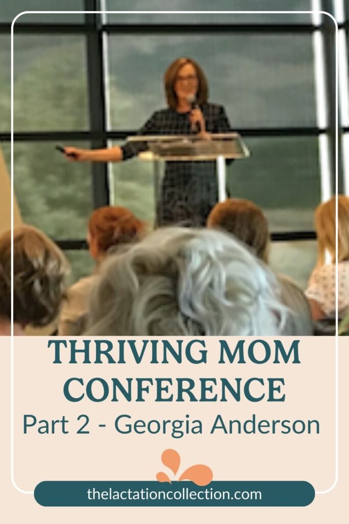 Promotional image for 'THRIVING MOM CONFERENCE Part 2 - Georgia Anderson' featuring a female speaker at a podium, with an attentive audience in the foreground.