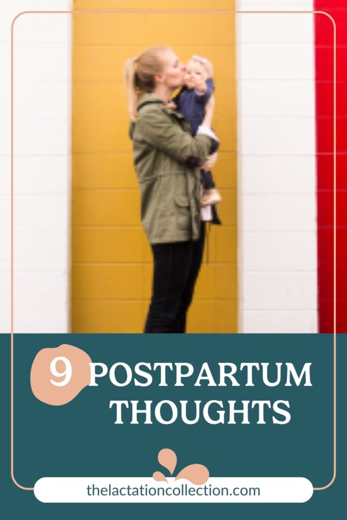 A joyful mother, AdriAnne, stands against a vividly striped yellow, white, and red wall, holding her smiling baby aloft. She's dressed in a casual olive green jacket and jeans, and the baby is adorably outfitted in a blue jacket and a grey hat with little ears. The image captures a moment of pure happiness and the special bond between mother and child, set against a playful and colorful background. The text "9 POSTPARTUM THOUGHTS" overlays the image, suggesting a reflective and educational piece on the maternal experience after childbirth.
