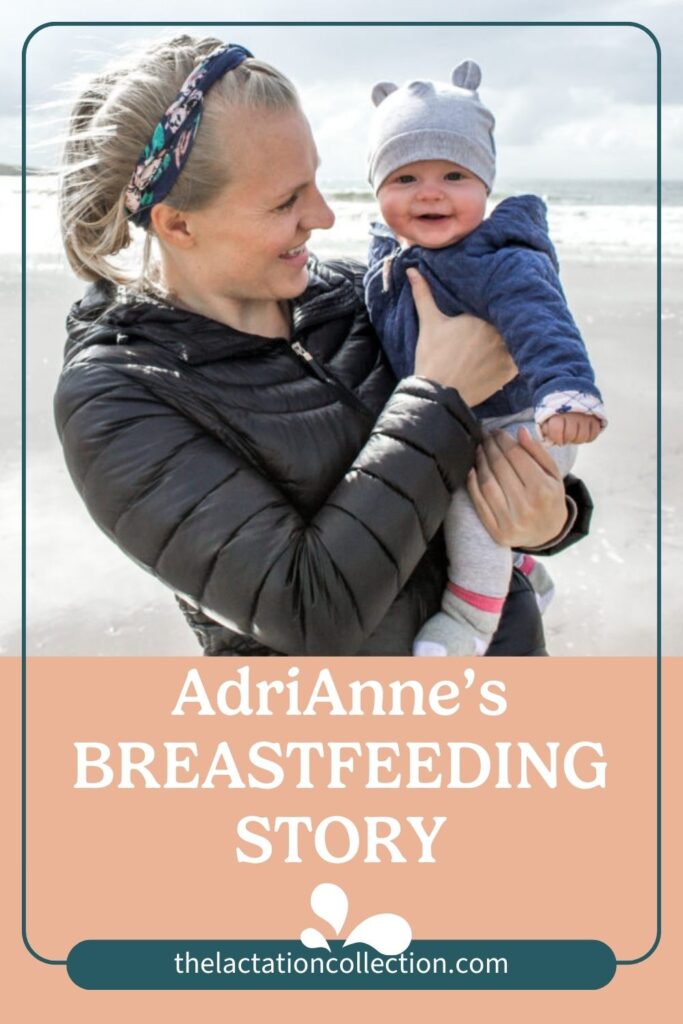 A radiant AdriAnne shares a cheerful moment with her baby on a breezy beach day. Both are dressed warmly for the cool weather, with the baby sporting an adorable grey bear-eared hat and a delighted smile. The ocean waves and expansive sandy beach create a beautiful backdrop for this memorable mother-child interaction.
