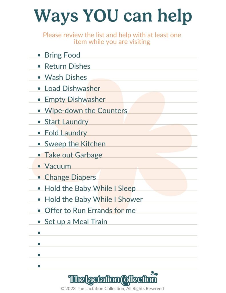 A helpful checklist titled 'Ways YOU can help' for visitors of new parents, featuring tasks like bringing food, washing dishes, starting laundry, and holding the baby, aimed at providing support during the postpartum period.
