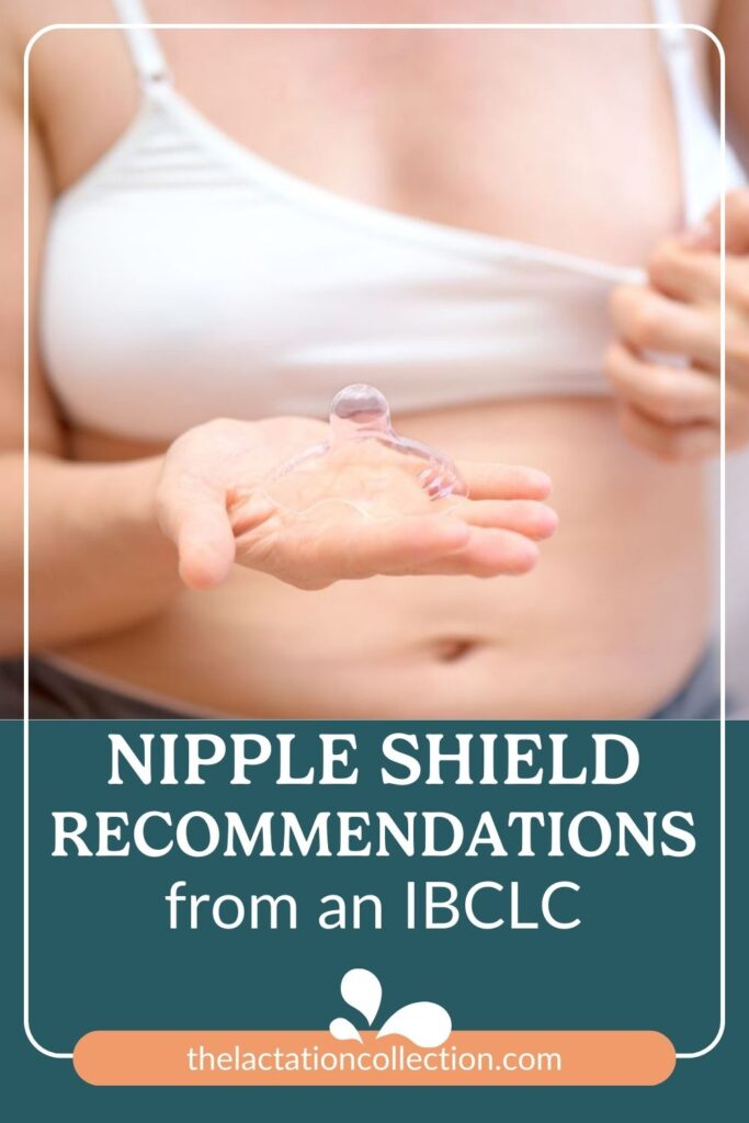 A close-up image of a hand holding a nipple shield, with text providing usage recommendations from an IBCLC.