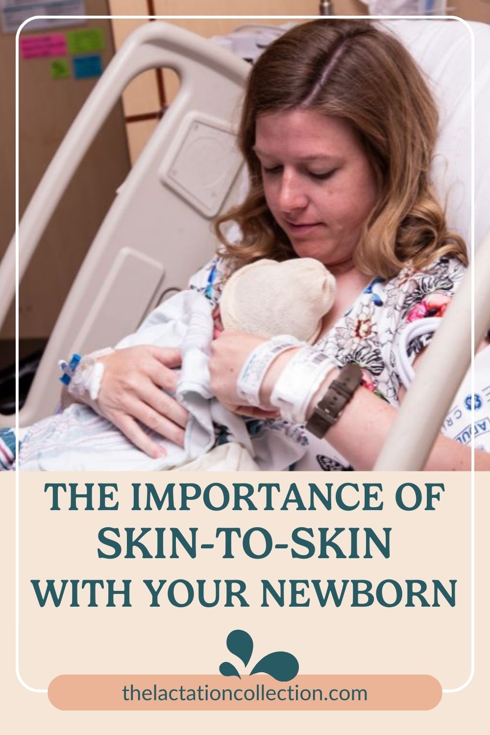 A mother in a hospital bed holding her newborn baby close for skin-to-skin contact, promoting bonding and warmth.