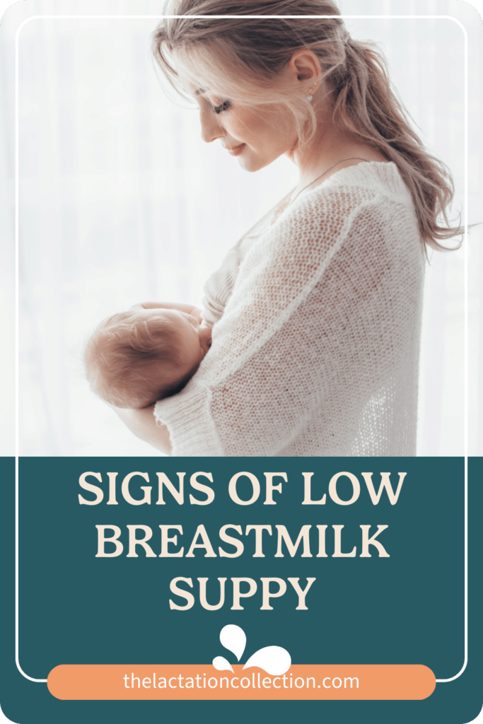 A peaceful image of a mother looking down affectionately at her breastfeeding infant. The mother is backlit by natural light, adding to the serene atmosphere. Overlay text 'Signs of Low Breastmilk Supply' hints at the educational content found on thelactationcollection.com, a resource for nursing mothers.