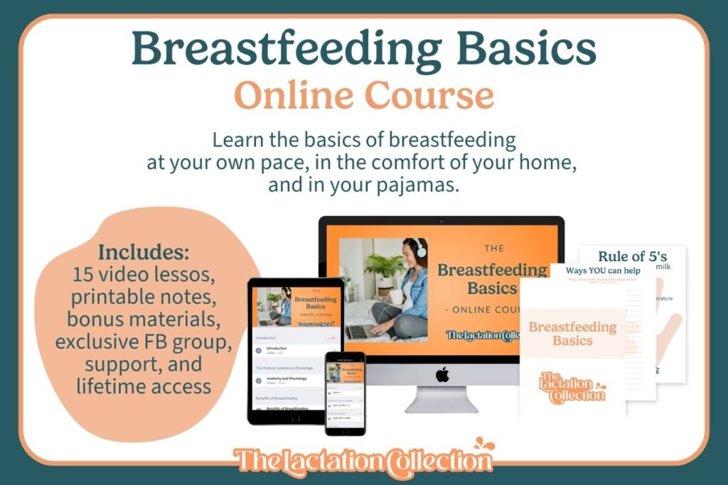 An infographic detailing the features of the 'Breastfeeding Basics Online Course,' highlighting its benefits such as video lessons and lifetime access.