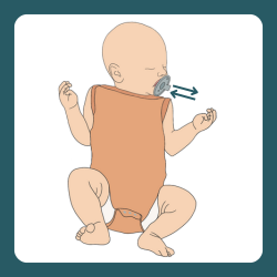 A baby making light sucking motions on a pacifier, a subtle feeding cue.