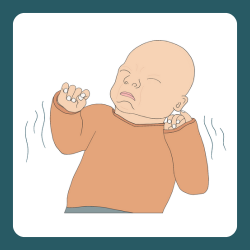 A baby appearing fussy with scrunched face and tense body movements, indicating a possible late hunger cue.