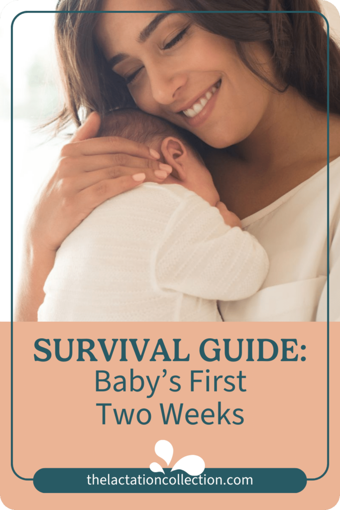 A smiling mother holding her newborn close, with the baby wrapped in a white blanket, on a digital guide cover titled 'SURVIVAL GUIDE: Baby’s First Two Weeks'.