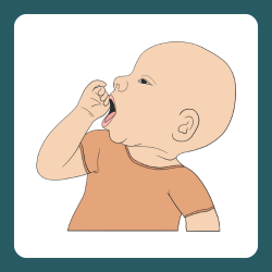 A baby bringing their hand to their mouth, a sign they are ready to eat and feeling mid-level hunger.