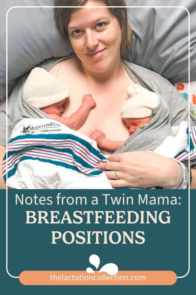 Content mom sharing a tender moment, skin-to-skin, with newborn twins. Tips for breastfeeding twins and breastfeeding positions.