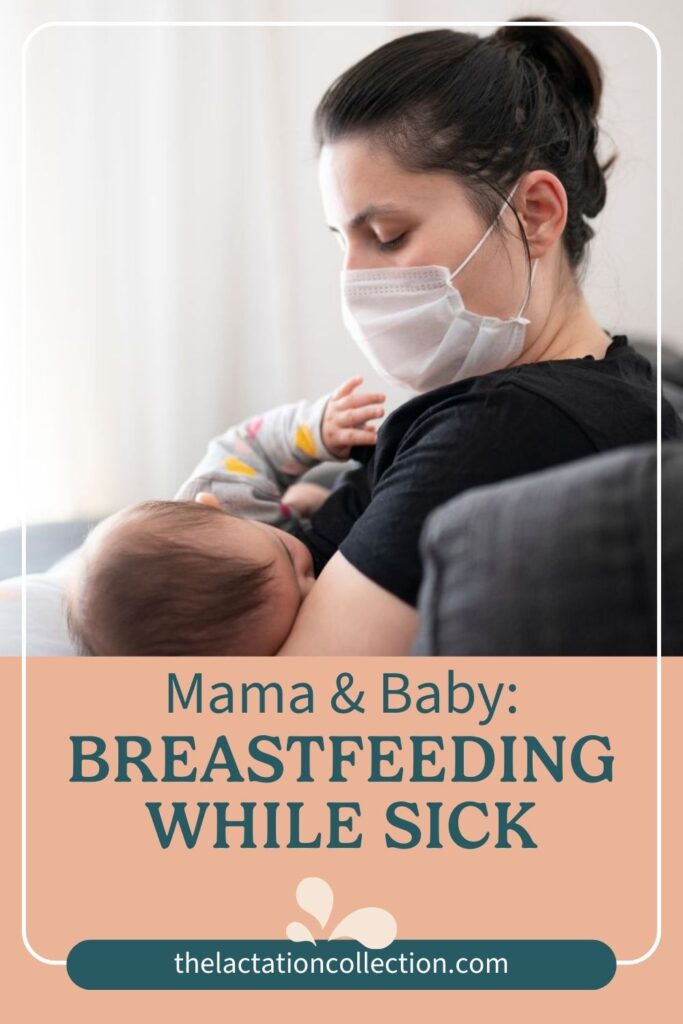 A mother, wearing a protective face mask, is breastfeeding her infant. The image captures a moment of nurturing care, emphasizing the importance of continuing to breastfeed even when the mother is not feeling well. The calmness on the mother's face and the baby's relaxed posture highlight the bond and trust between them. The mother's cautious approach demonstrates her commitment to her child's well-being while ensuring health precautions are taken.
