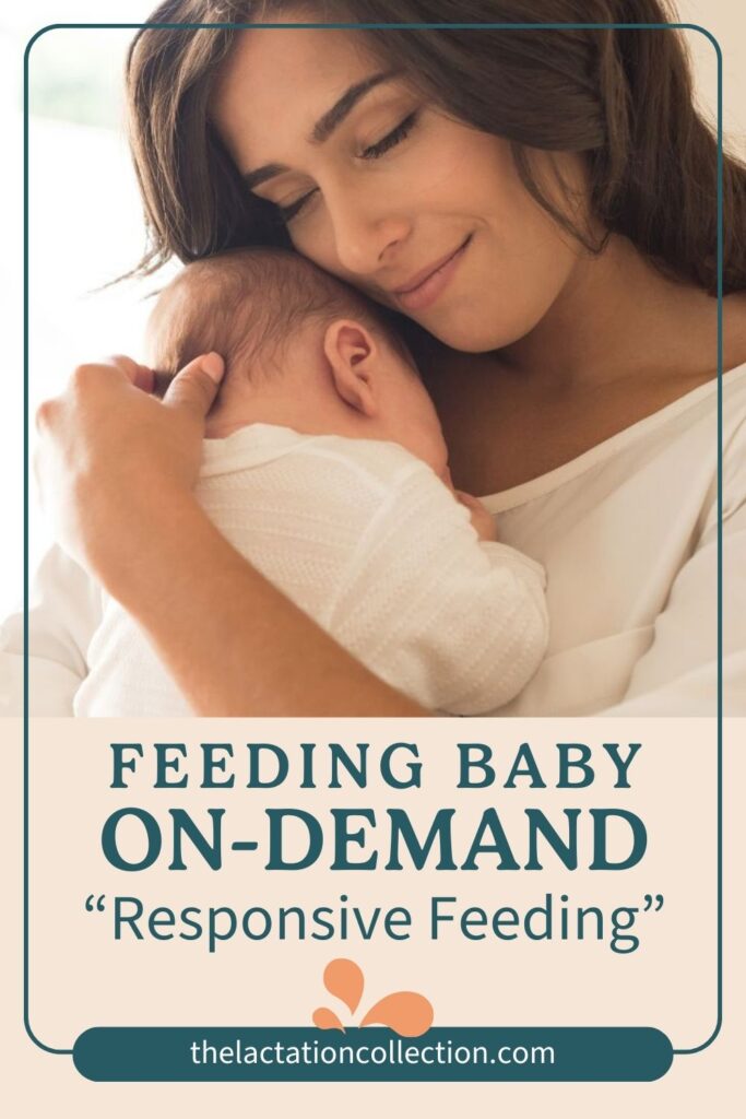 A content mother in a white blouse tenderly holds her nursing newborn close to her chest. The image encapsulates the intimacy of on-demand feeding, promoting the concept of responsive feeding as a bonding and nurturing practice for both mother and child.