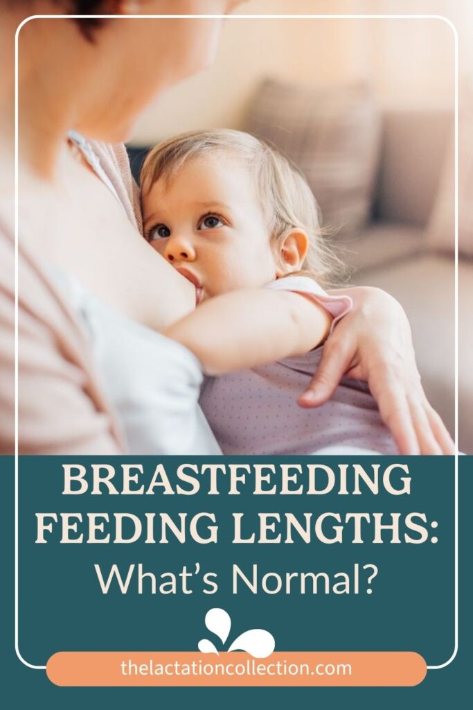 A close-up image of a toddler breastfeeding, gazing up at their mother. The mother is seen from the nose down, cradling the child in a nurturing embrace. The photo is accompanied by a caption 'Breastfeeding Feeding Lengths: What’s Normal?' indicating educational content on typical durations of breastfeeding sessions. The image serves as a comforting representation of a breastfeeding moment between mother and child.