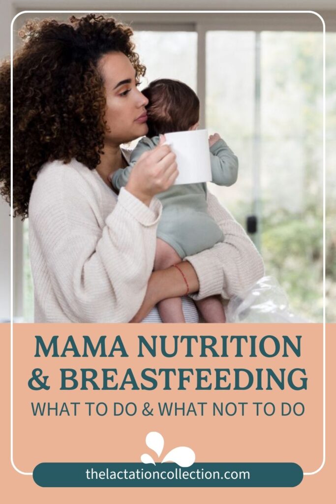 A nurturing moment between mother and child as the mother, with curly hair and a cream sweater, cradles her baby while holding a white mug. The backdrop is a bright and airy kitchen with large windows that look out onto greenery, emphasizing a peaceful setting for breastfeeding. Text on the image provides guidance on maternal nutrition and breastfeeding practices.