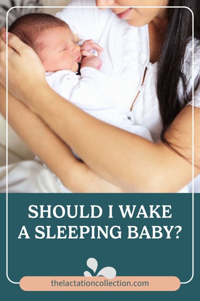 Image of a mother gently cradling a sleeping newborn with text 'Should I Wake a Sleeping Baby?' from The Lactation Collection. The mother is wearing a white lace top, holding the baby in a nurturing embrace, suggesting the gentle consideration of a baby's sleep and feeding needs.