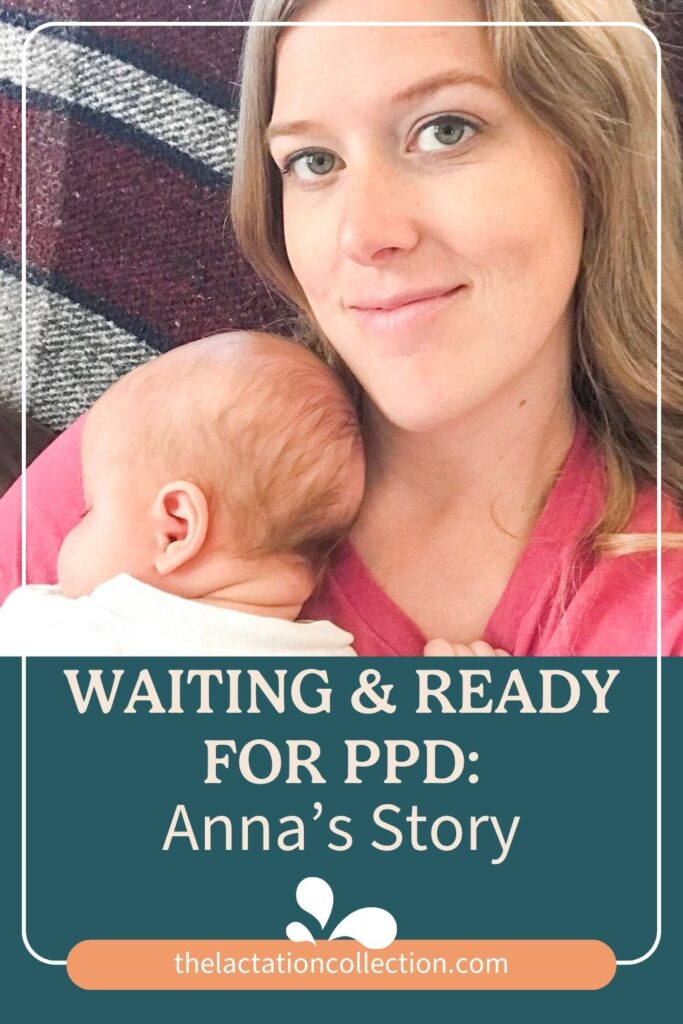 A tender moment captured as a mother, Anna, with a gentle smile, cradles her sleeping newborn close to her chest. The soft focus on the content mother and child against a cozy, patterned background evokes the warmth and intimacy of motherhood. Text overlay shares a message of anticipation and preparedness for postpartum depression (PPD), highlighting the personal narrative 'Anna’s Story' on the journey through maternal mental health.
