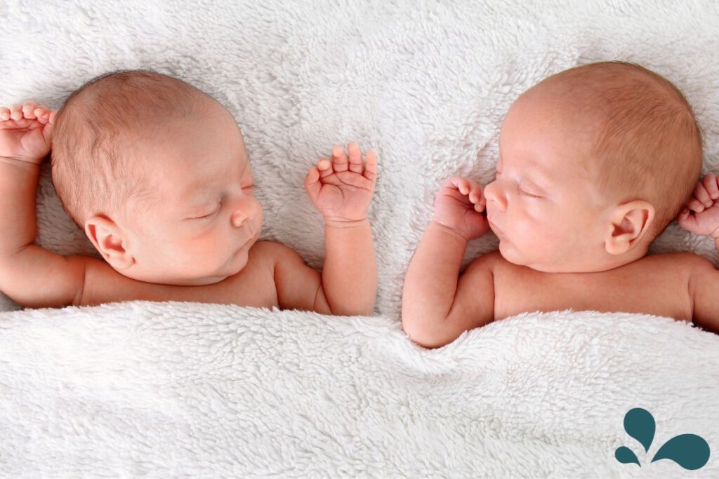 Two newborn twins lie side by side on a soft, white, fluffy blanket. They are fast asleep with their tiny fists gently raised above their heads. The baby on the left shows a serene expression, while the baby on the right is slightly turned, nestling comfortably. Their peaceful faces and relaxed postures evoke a sense of calm and newness, capturing the innocent and gentle essence of early life.