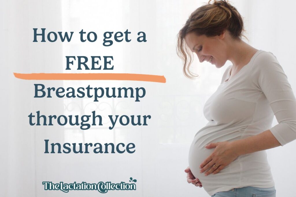 A radiant expectant mother in a white long-sleeve top, gently cradles her belly, smiling down at her unborn child. The text overlay shares information on obtaining a free breastpump through insurance. The image conveys anticipation and the thoughtful preparation for the arrival of her baby.