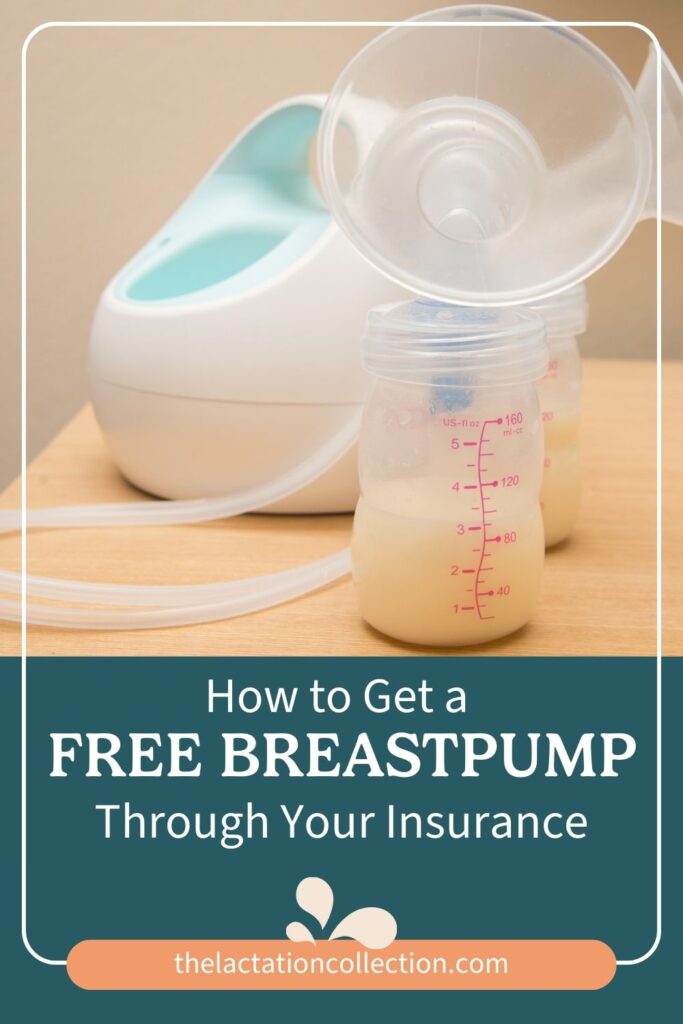 An electric breast pump with a clear flange attached to a bottle half-filled with breastmilk, set against a neutral background. An informative overlay suggests guidance on securing a free breastpump through insurance, aimed at providing resources for new and expecting mothers.