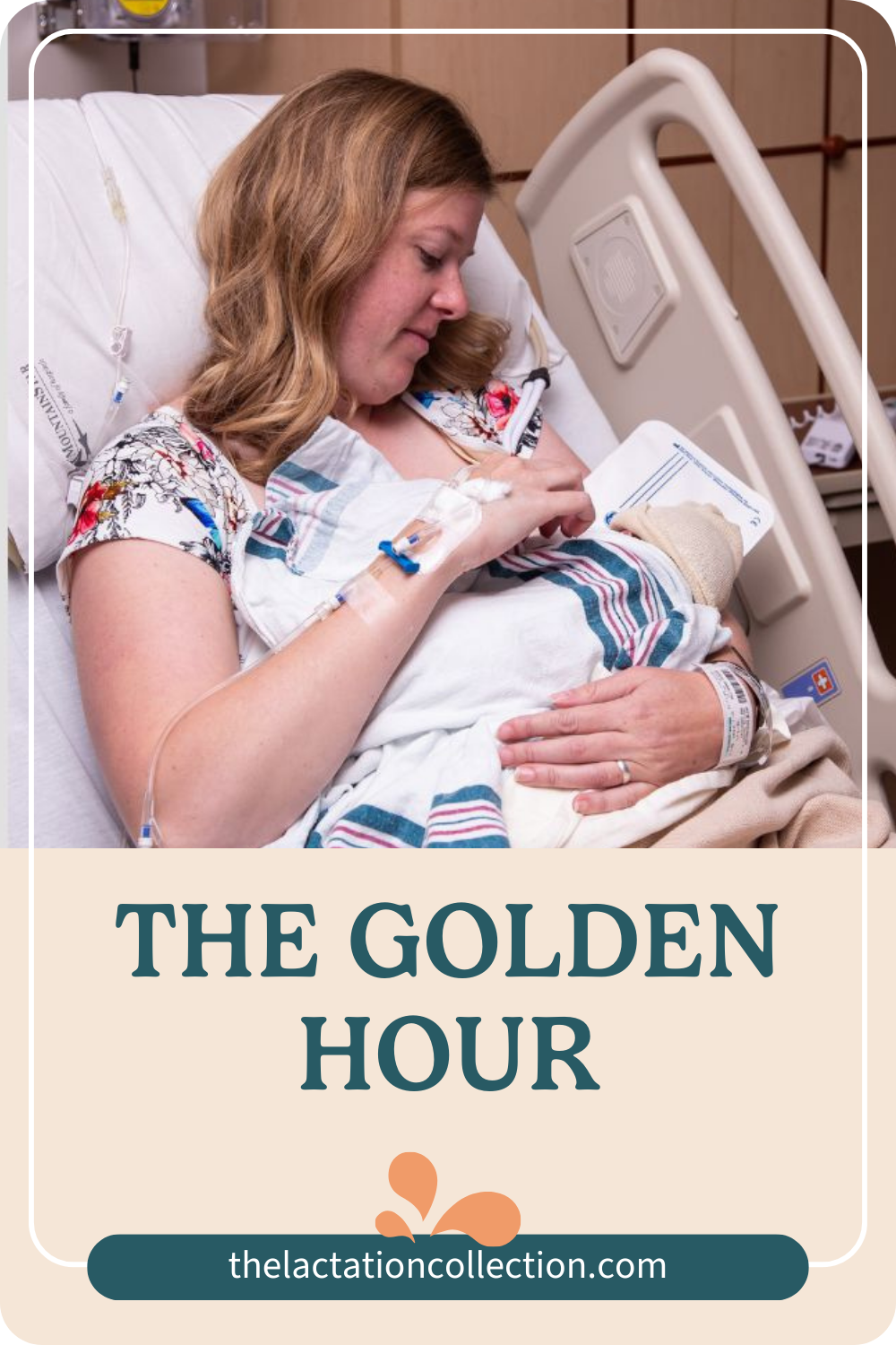 An educational pin from The Lactation Collection titled 'The Golden Hour', promoting the importance of early skin-to-skin contact between mother and newborn.