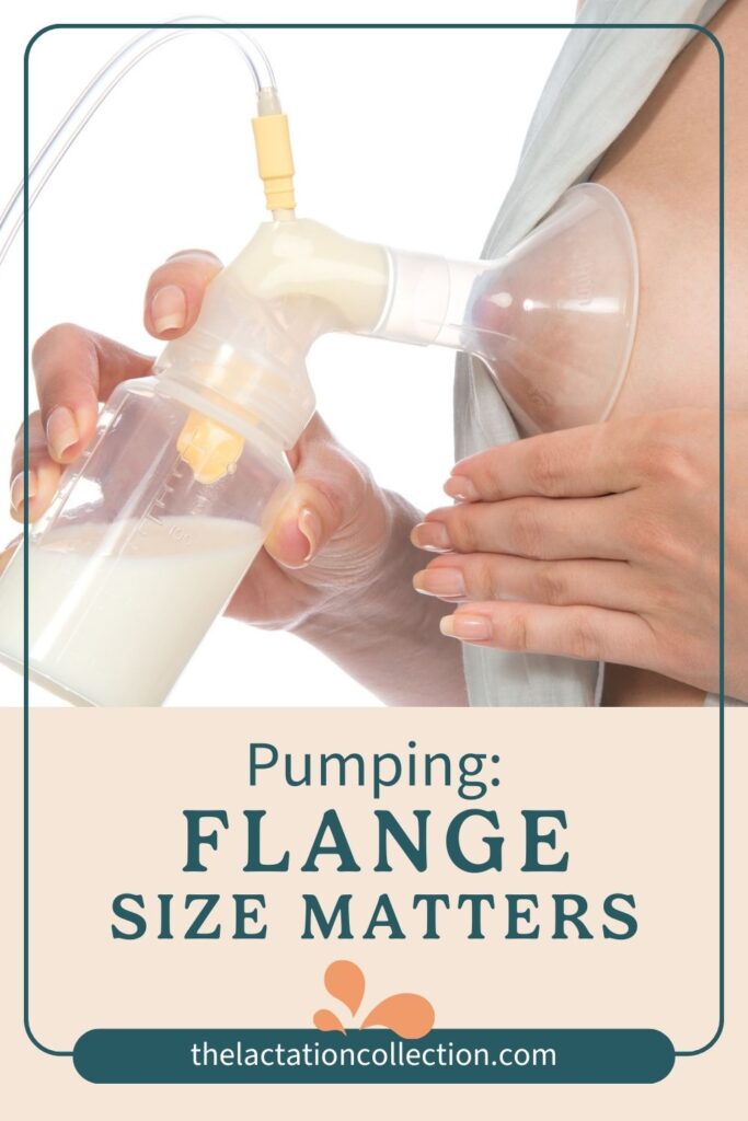 Close-up of a breast pump flange attached to a bottle, with milk, against a woman's chest. A hand supports the bottle, highlighting the importance of correct flange size for effective pumping.