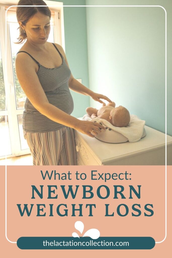 An infographic with a mother weighing her newborn, titled 'What to Expect: NEWBORN WEIGHT LOSS' 