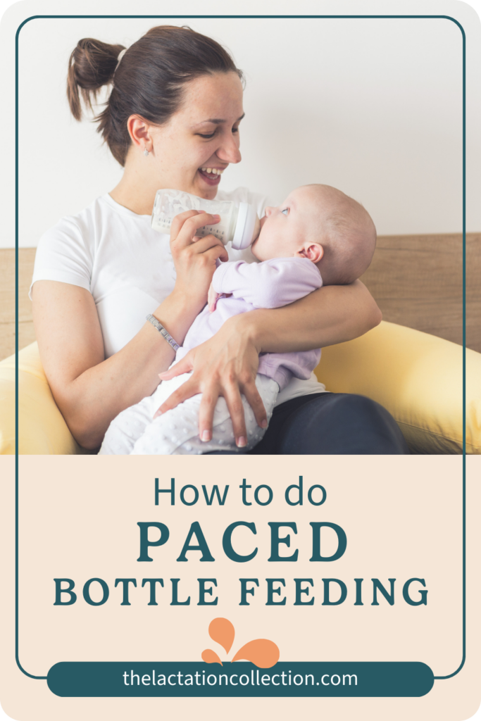 A smiling mother engaging in paced bottle feeding with her infant, a technique that mimics breastfeeding to help regulate the flow of milk.