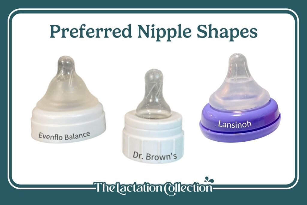 An informative display of various preferred bottle nipples for breastfed babies, providing options for a smooth transition from breast to bottle.