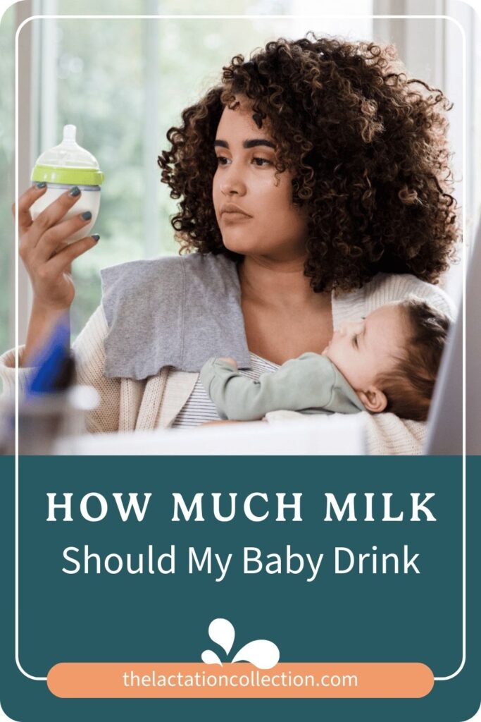 A thoughtful mother examining a baby bottle while holding her infant, contemplating the amount of milk her baby needs.