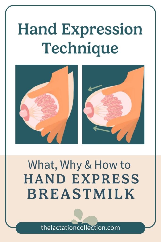 An infographic titled 'Hand Expression Technique' with illustrations showing the method of hand expressing breastmilk. It includes text 'What, Why & How to HAND EXPRESS BREASTMILK'