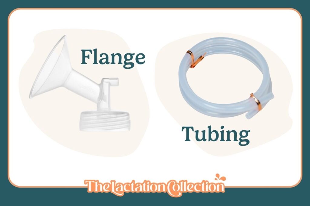 Illustration showcasing two breast pump components: on the left, a 'Flange,' which is a funnel-shaped attachment, and on the right, 'Tubing,' a clear flexible hose with connectors. Both are essential for operating a breast pump, displayed with clear labels and set against a gentle pastel background, with 'The Lactation Collection' logo featured.
