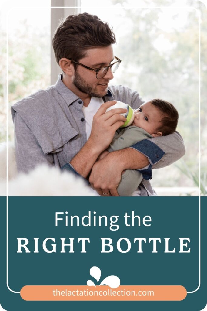 Promotional image showing a dad bottle-feeding a baby with text overlay 'Finding the RIGHT BOTTLE' for educational content on feeding.