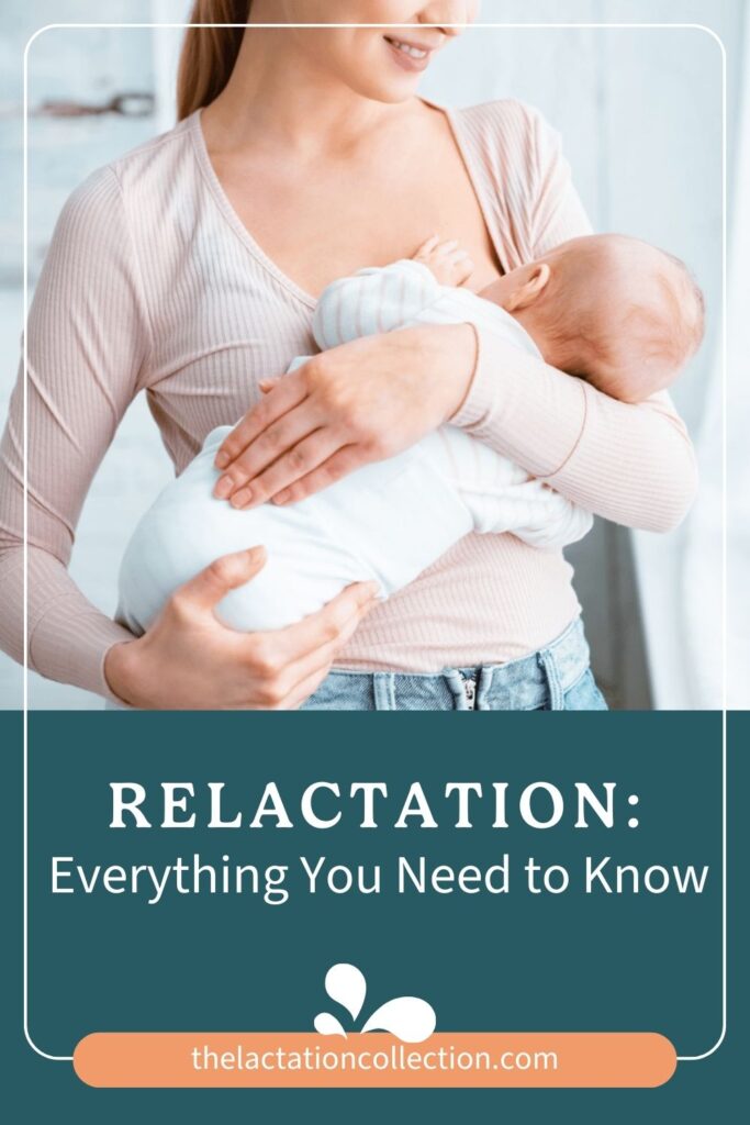 A smiling woman in a beige top gently cradles and nurses her swaddled infant. Below is a banner with the text 'RELACTATION: Everything You Need to Know