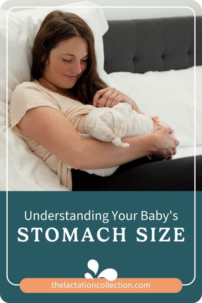 An infographic presenting the growth of a newborn's stomach size with visual comparisons to fruits and an egg, providing easy-to-understand information for new parents.