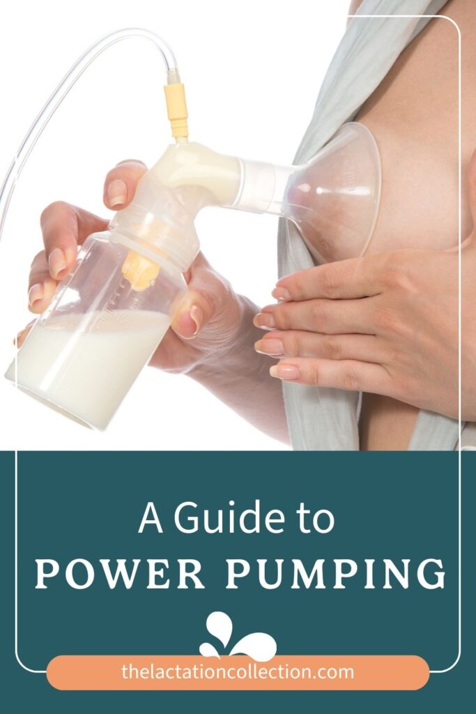 An instructional image featuring a close-up of a woman using a breast pump. The title 'A Guide to POWER PUMPING' is displayed above.