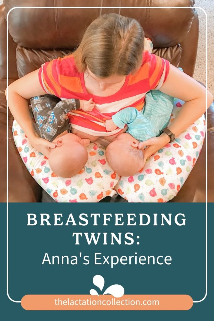 Overhead view of a mother breastfeeding her twins, each comfortably nestled in her arms. The image is titled 'BREASTFEEDING TWINS: Anna's Experience' with 'thelactationcollection.com' featured at the bottom, set against a backdrop of a cozy living room with a plush recliner.