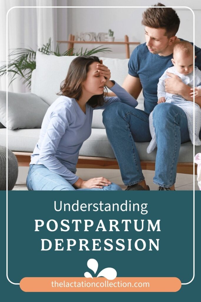 Promotional image for 'Understanding POSTPARTUM DEPRESSION' featuring a worried father sitting on a couch, holding a baby, and comforting the mother who is sitting on the floor with her forehead in her hand. The setting is a homey living room with 'HOME' decor in the background.
