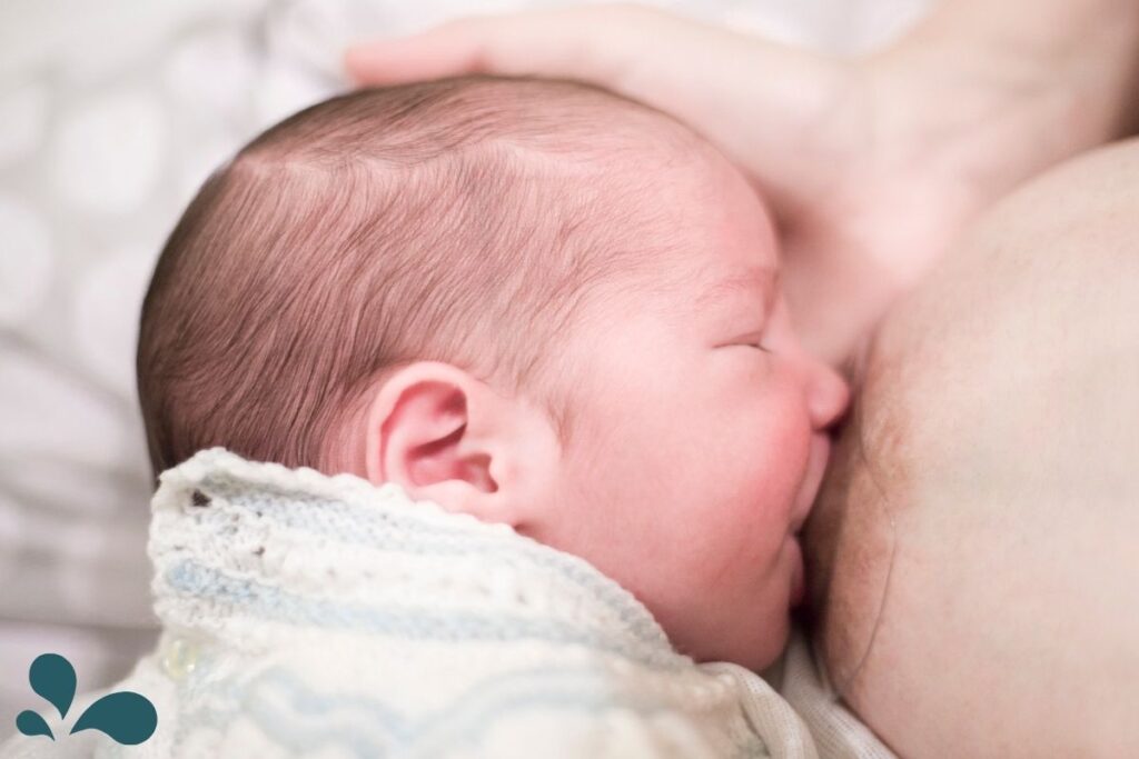 tender moment of a newborn latched onto a mother's breast using a transparent nipple shield, depicting an intimate breastfeeding scene.