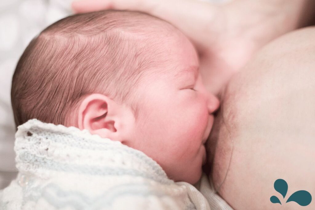 A newborn baby breastfeeding with a nipple shield in place, showcasing a secure latch with a relaxed and comfortable posture.
