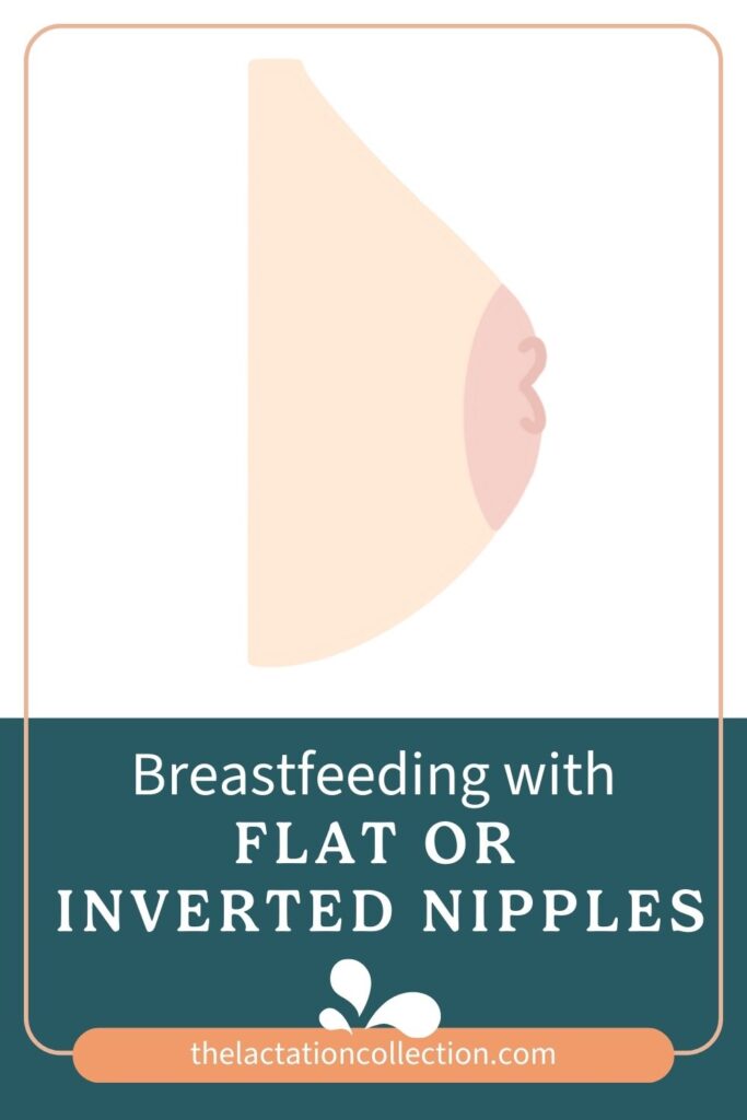 Informative poster with a simple illustration of a breast profile to represent breastfeeding with flat or inverted nipples. The top half of the poster is in a light peach color, with the text 'Breastfeeding with FLAT OR INVERTED NIPPLES' in bold, dark teal letters over a dark teal background on the bottom half.