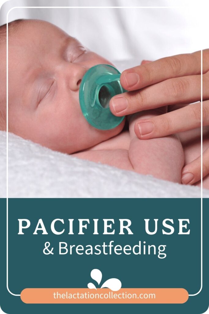 An infographic titled 'PACIFIER USE & Breastfeeding' featuring a close-up image of a sleeping baby with a green pacifier being placed in their mouth by an adult's hand.