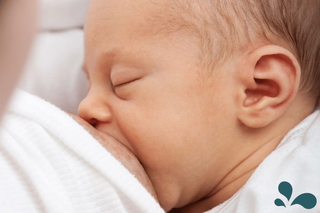 A peaceful newborn in a deep sleep while securely latched on to breastfeed, with a gentle expression of contentment.