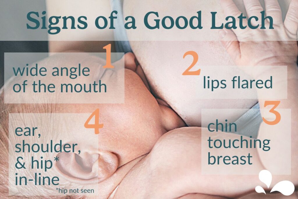 Educational image displaying the four key signs of a good latch in breastfeeding: wide angle of the mouth, lips flared, chin touching the breast, and the ear, shoulder, and hip aligned.