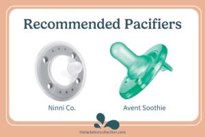 Infographic comparing two recommended pacifiers: on the left, a grey 'Ninni Co.' pacifier with ventilation holes, and on the right, a green 'Avent Soothie' pacifier.
