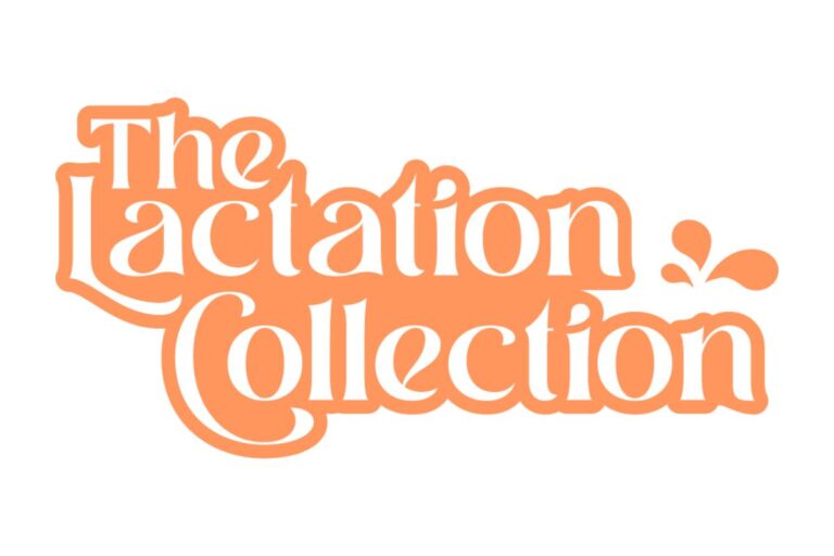 Logo of 'The Lactation Collection' featuring stylized orange text with playful curves and a small butterfly motif, representing the brand's focus on breastfeeding support and resources.