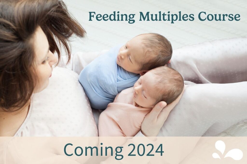 Mom holding twin babies in her lap; caption: feeding multiples course, coming 2024