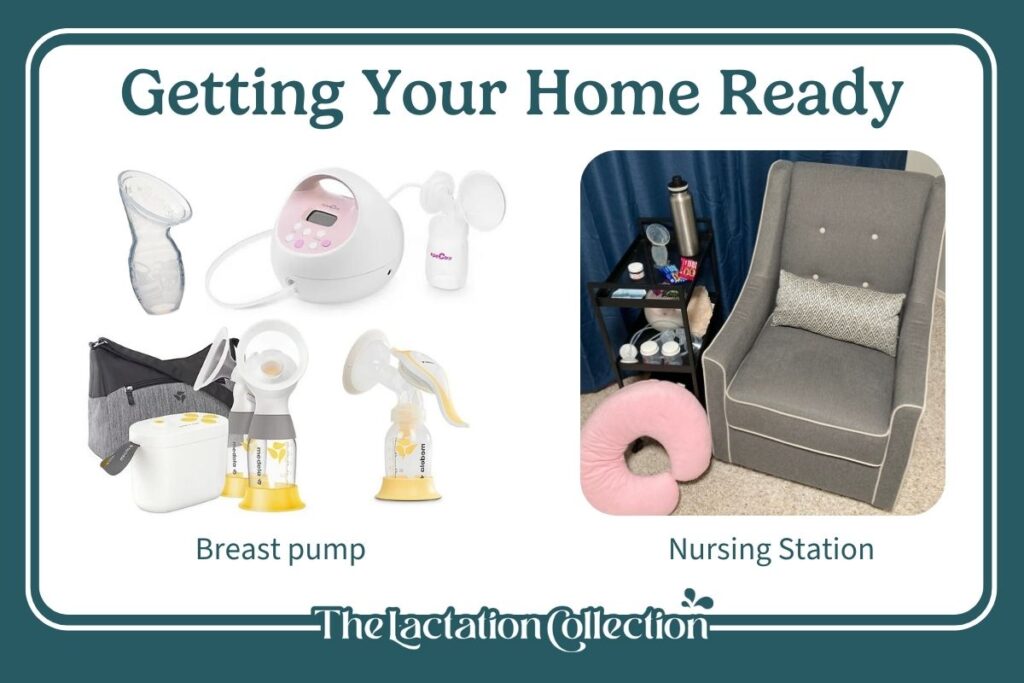 Graphic with multiple items a new mom could have with a nursing station: breast pumps and other breastfeeding support items